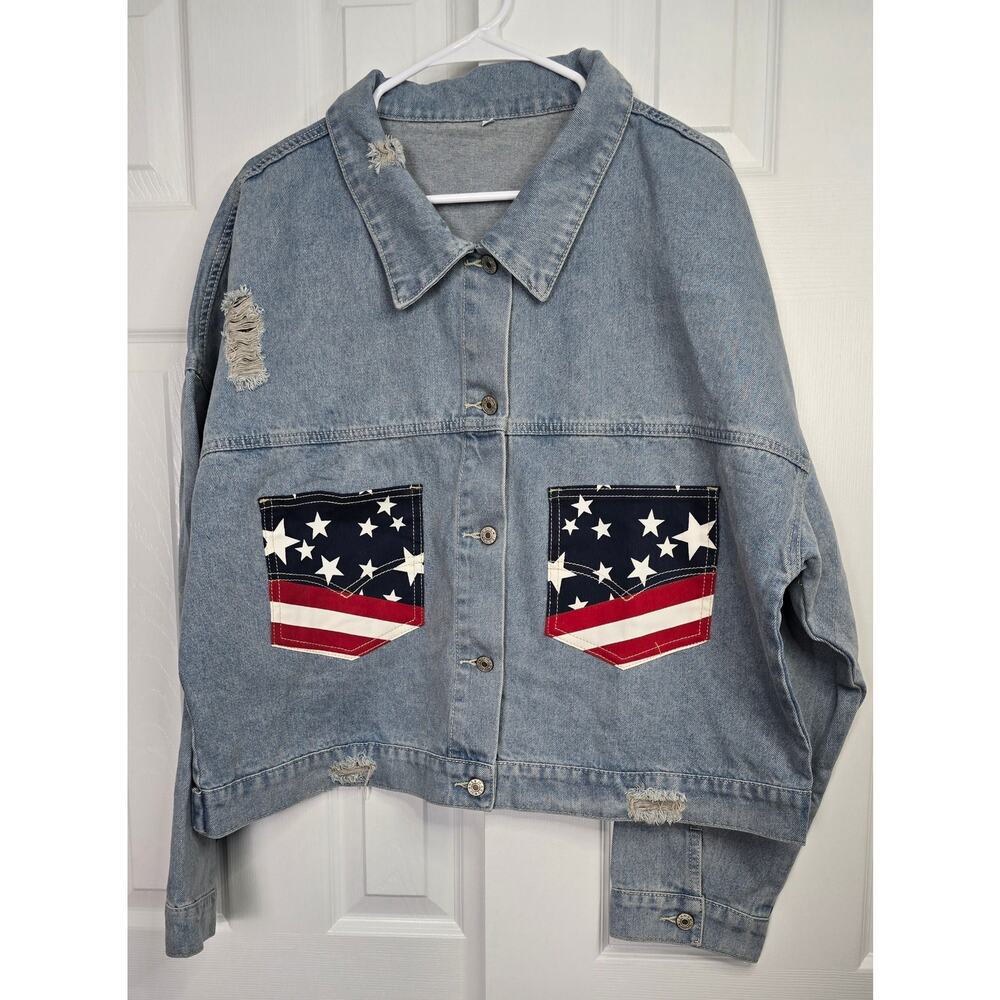 USA Flag Patch Women's Distressed Denim Jacket- Size XL